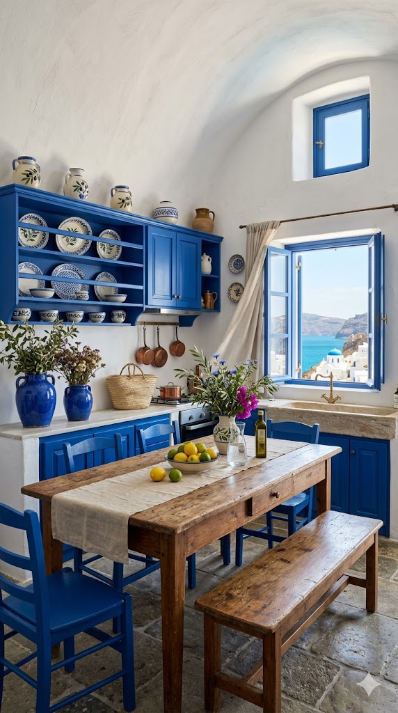Greek island kitchen ideas with coastal-inspired blue and white Mediterranean décor.