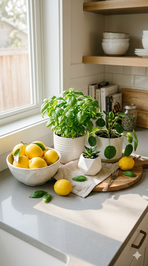 kitchen counter styled with fresh lemons