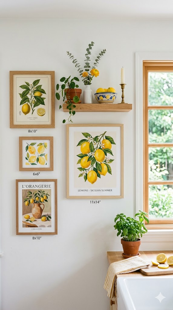 kitchen wall with lemon-themed prints in wooden frames