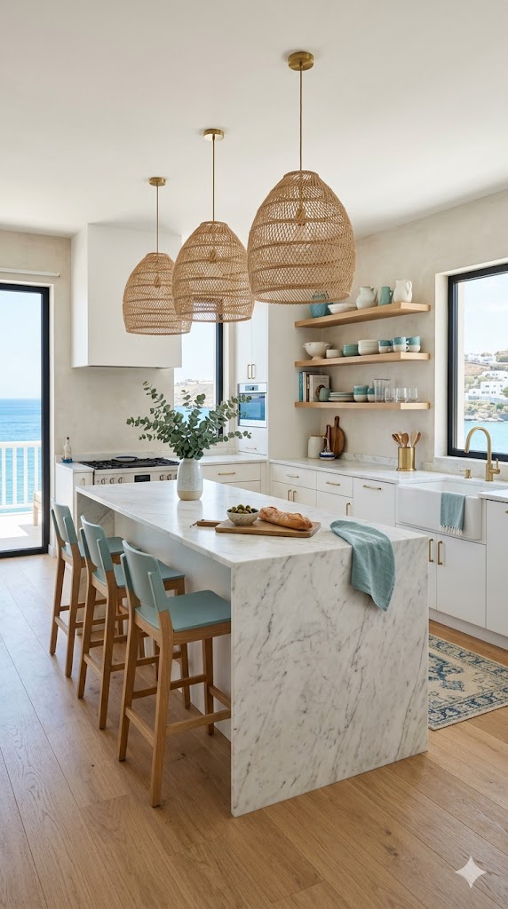 Modern coastal kitchen with airy Aegean-inspired design and natural coastal textures.