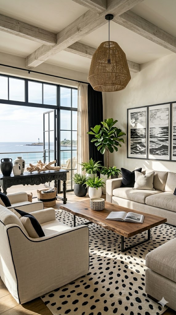Sophisticated monochrome living room with Dalmatian-inspired spotted rug, black-and-white wall art, modern interior, cozy luxury home aesthetic