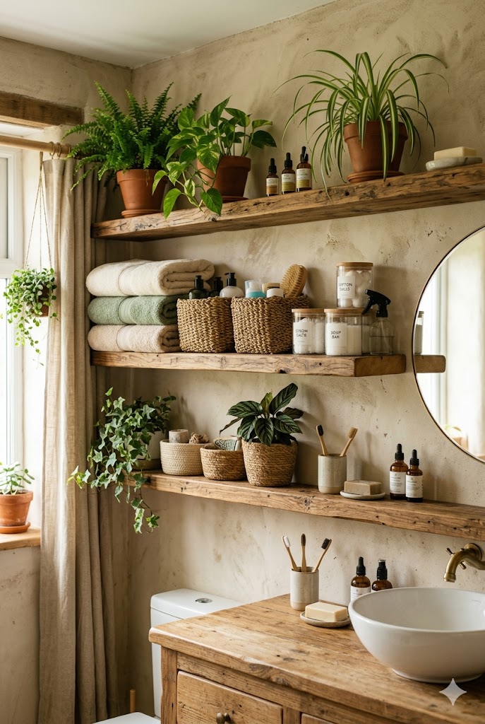 Organized Solarpunk bathroom storage