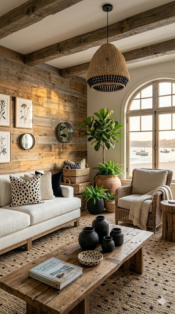 Warm rustic coastal living room featuring Dalmatian print décor