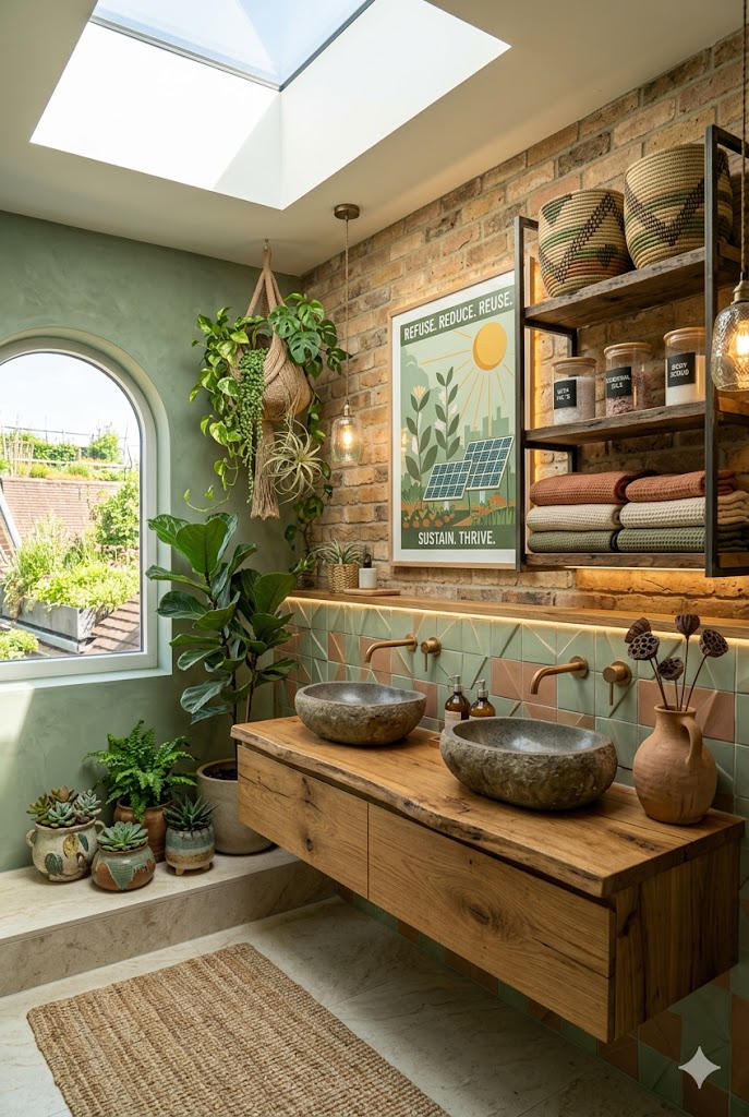 Sage green Solarpunk bathroom