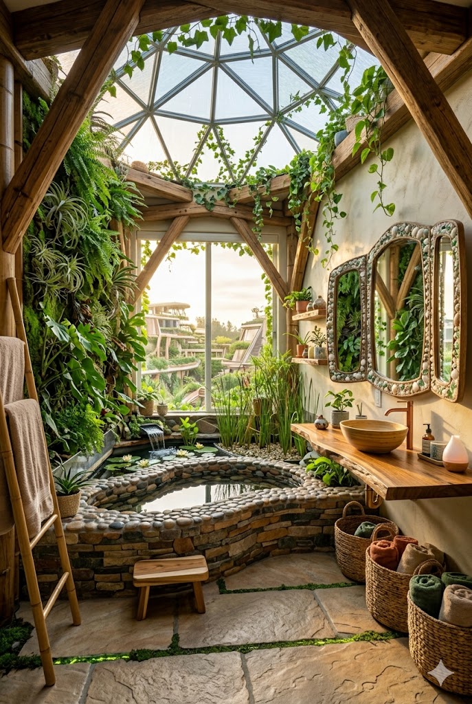 Bathroom sanctuary under a glass dome with a stone soaking tub, hanging plants, and a wooden vessel sink