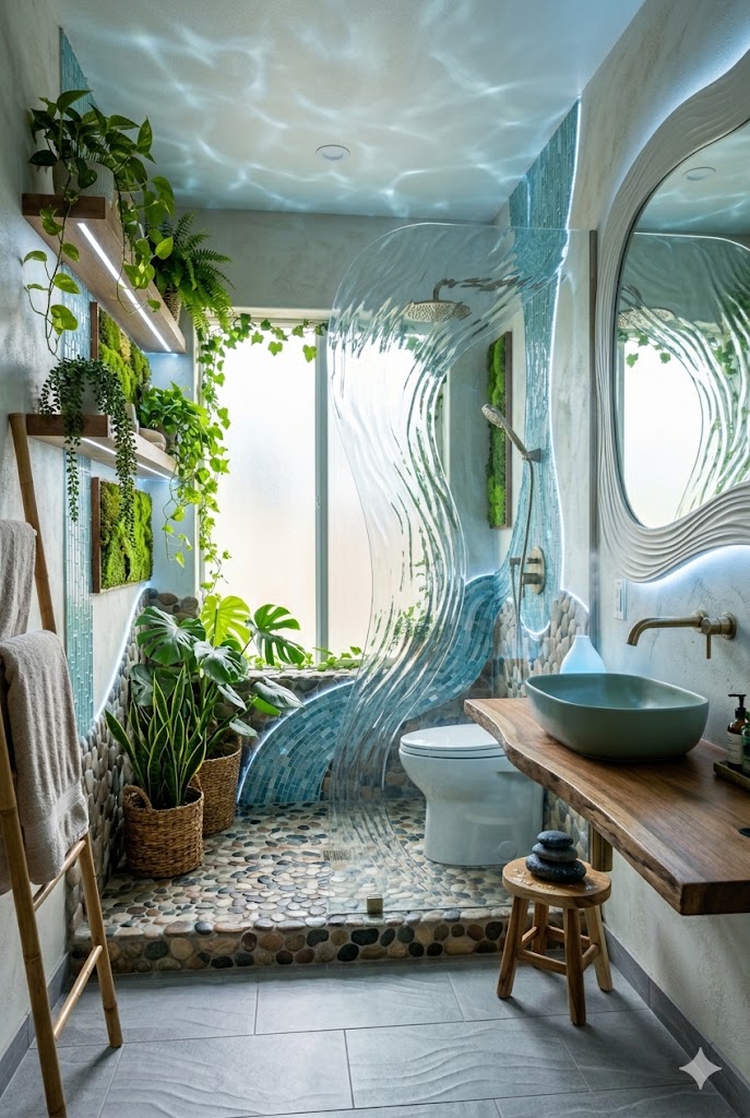 Bathroom with water-inspired design featuring a wave-patterned ceiling, wavy glass shower partition, moss walls, and lush plants