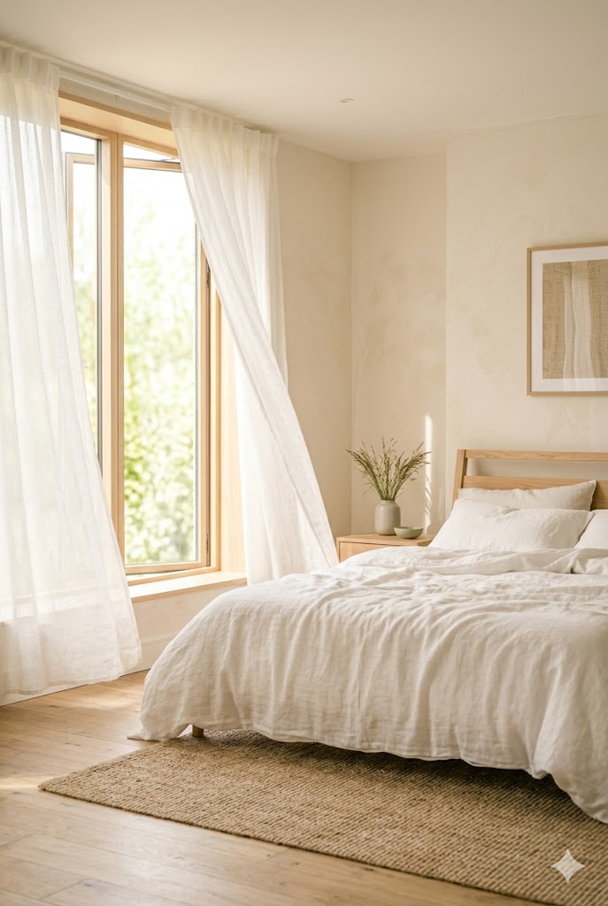 Summer Bedroom with light curtains and bedding