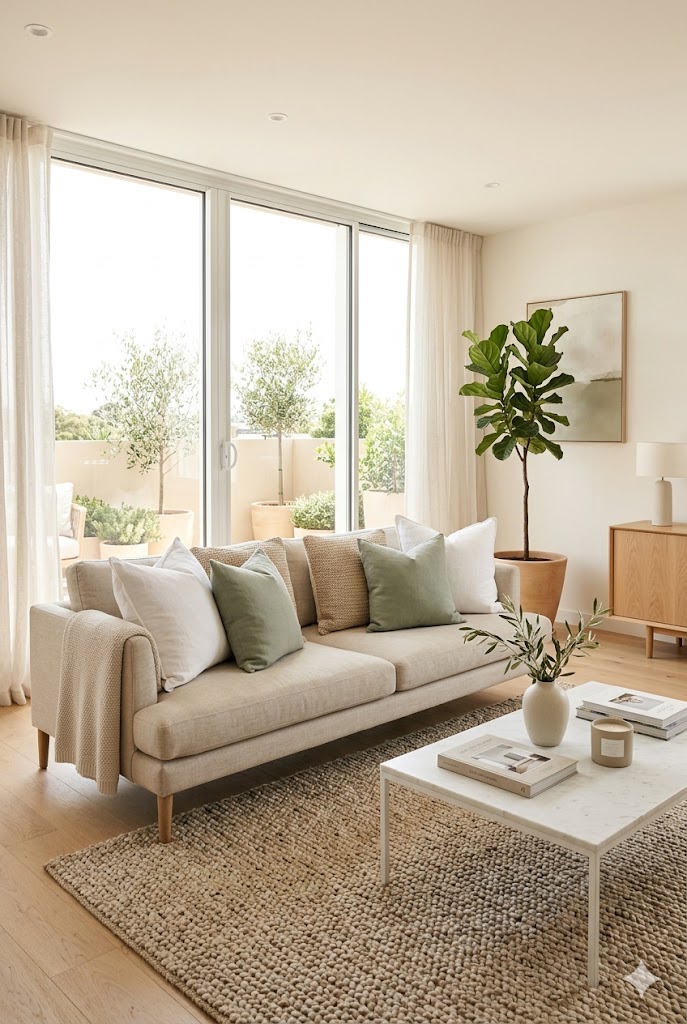 Neutral Summer Living Room Ideas, plants and sunlight, clean aesthetic