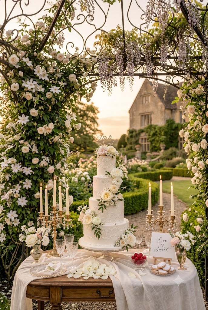 stunning four-tier wedding cake displayed beneath a flower-covered pergola in a countryside estate garden
