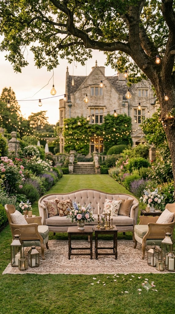 cozy luxury wedding lounge in a countryside estate garden