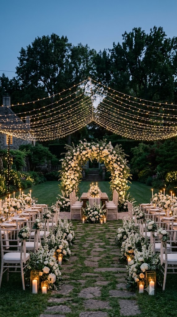 magical countryside garden estate wedding reception after sunset