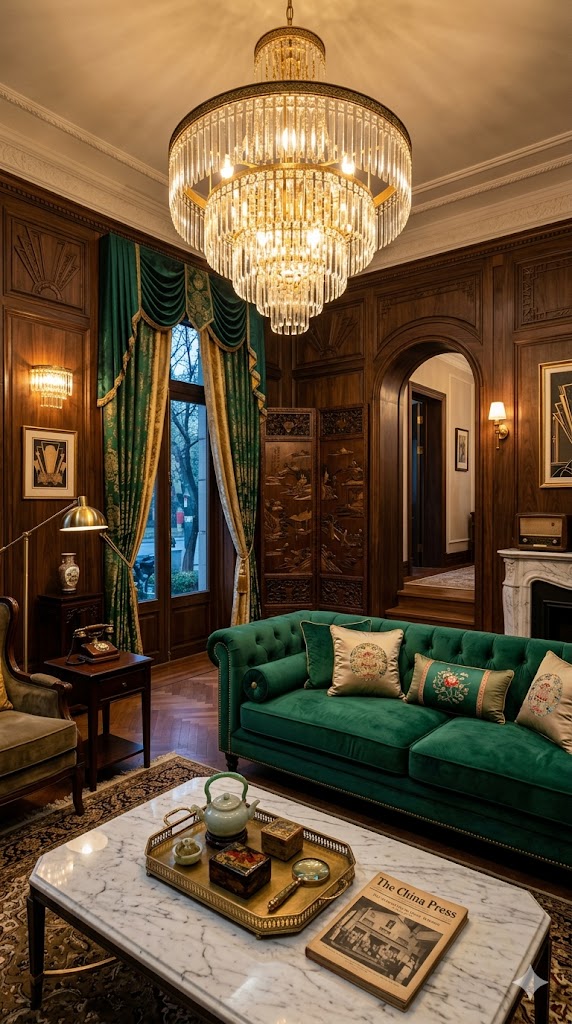 Shanghai mansion interior, elegant Art Deco living room,