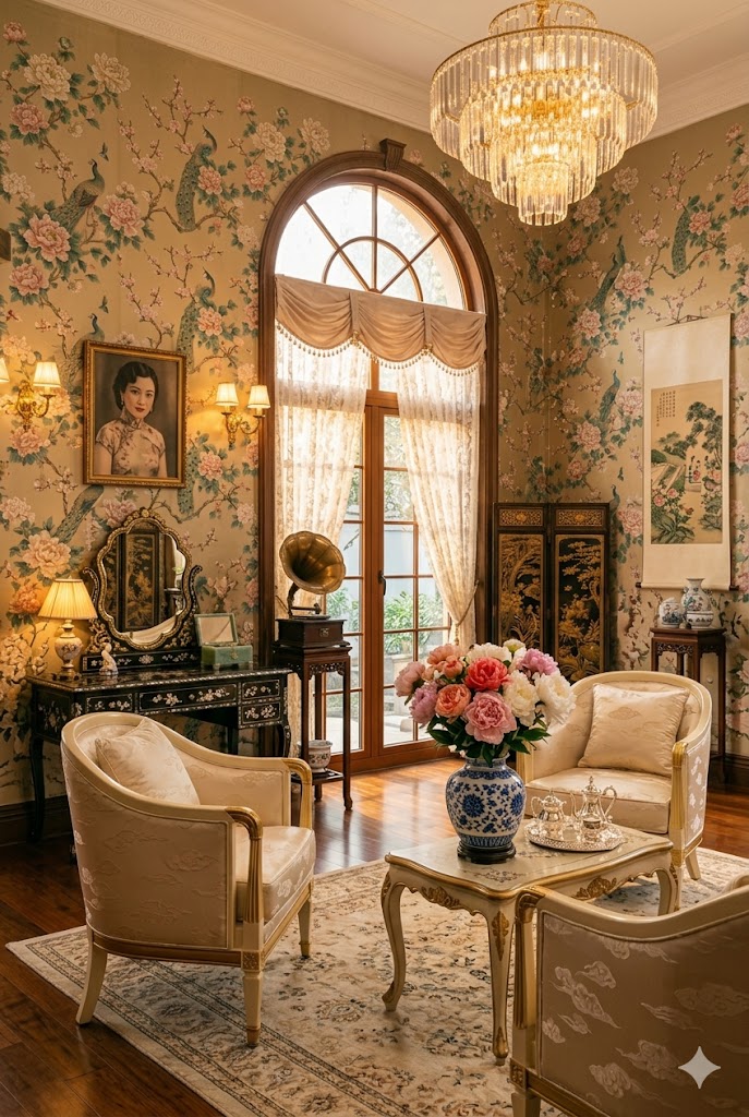 Elegant Chinese lady's private sitting room, vintage Shanghai glamour