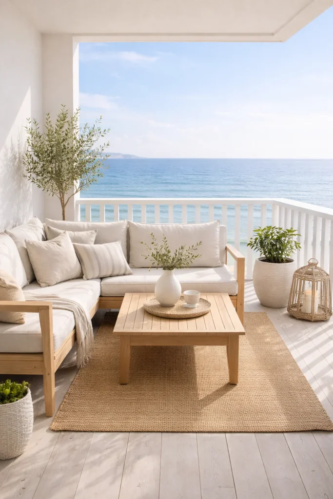 Seaside Balcony Ideas for Seaside Apartments: Coastal balcony furniture setup with rattan chairs, teak side table and neutral outdoor cushions