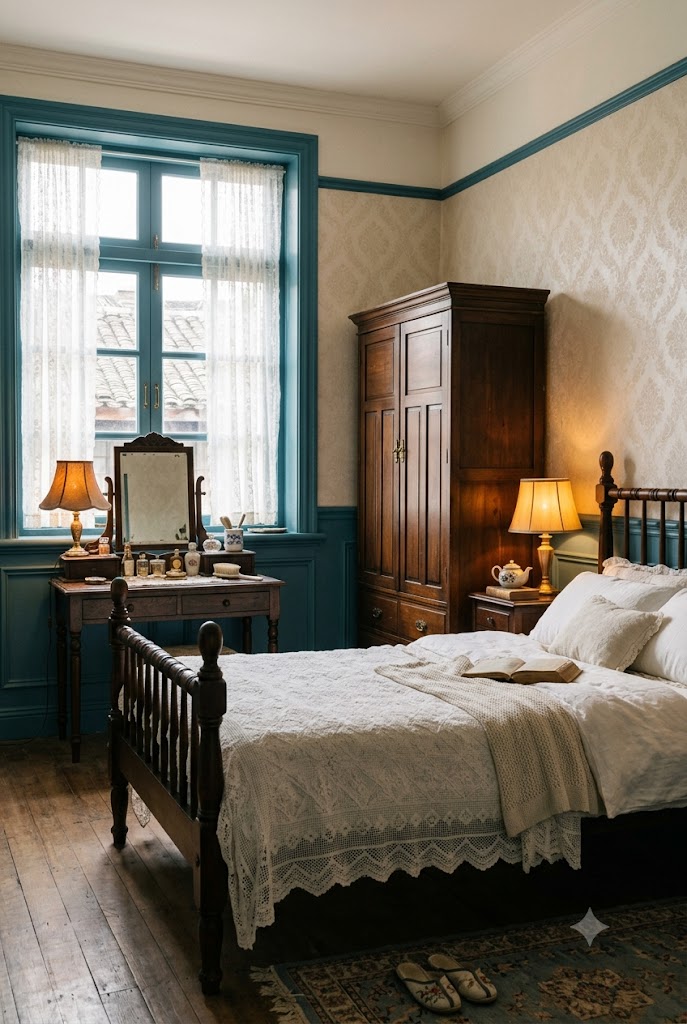deep teal-blue vintage charm bedroom