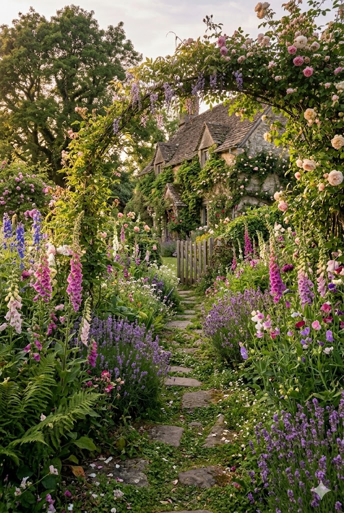 romantic cottagecore garden pathway