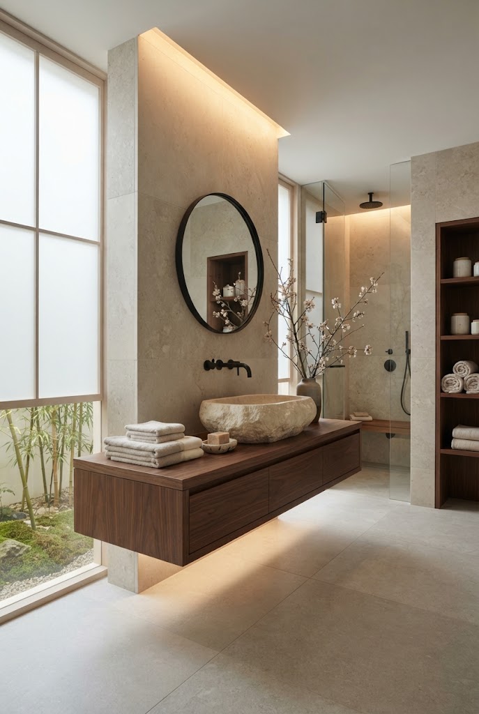 Stone-inspired shades luxury Asian bathroom inspired by a high-end private spa,