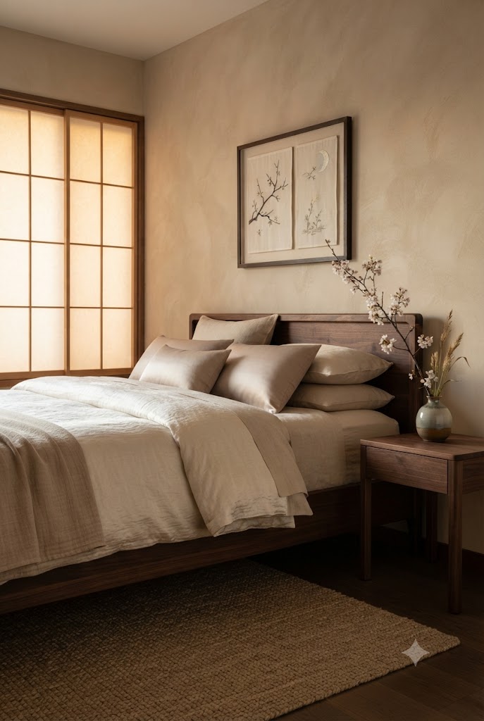 Elegant Asian-inspired bedroom layered with luxurious ivory silk duvet, muted champagne silk cushions, soft linen bedding