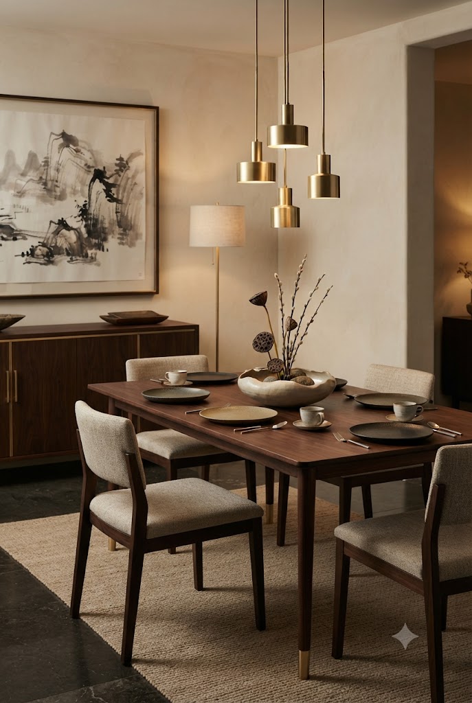 Asian-inspired dining room featuring sophisticated brushed brass accents