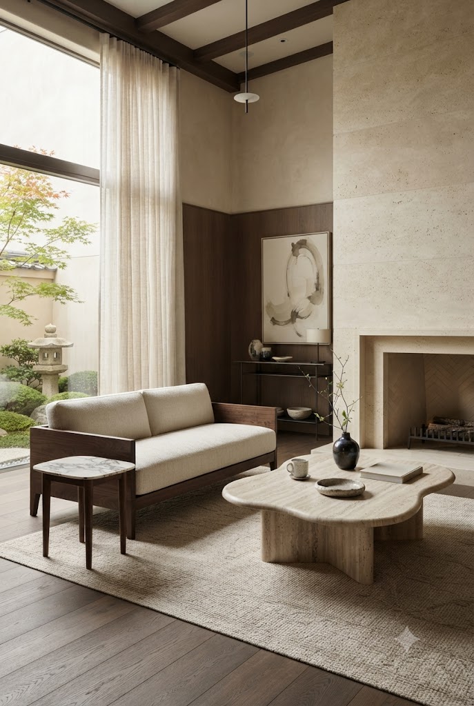 Luxurious Asian-inspired living space featuring natural stone and elegant marble, with a large honed limestone fireplace, sculptural travertine coffee table, subtle marble side table, warm plaster walls, dark walnut furniture, linen textiles, and minimalist Asian ceramics.