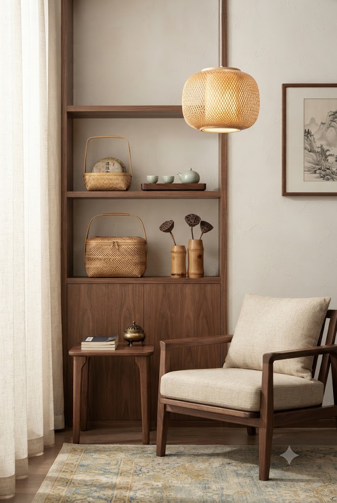 Serene Asian-inspired corner with woven bamboo baskets, a bamboo pendant light, and bamboo vases on wooden shelving beside a linen armchair