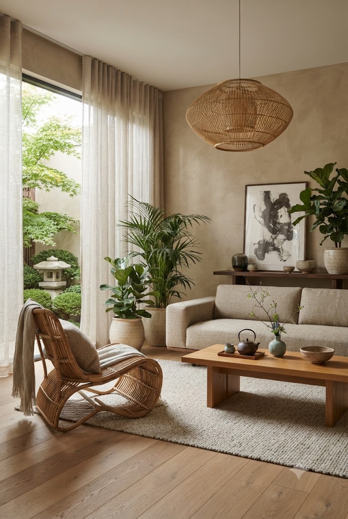 Beautiful contemporary Asian-inspired sitting area featuring refined bamboo and rattan materials