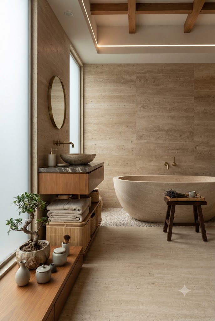 Serene luxury Asian-inspired bathroom featuring honed travertine walls and warm teak cabinetry