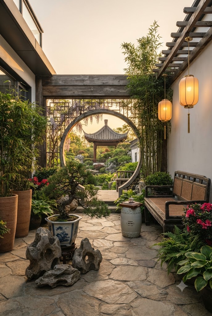 Stone-paved Chinese-inspired courtyard with natural rocks and lush green plants