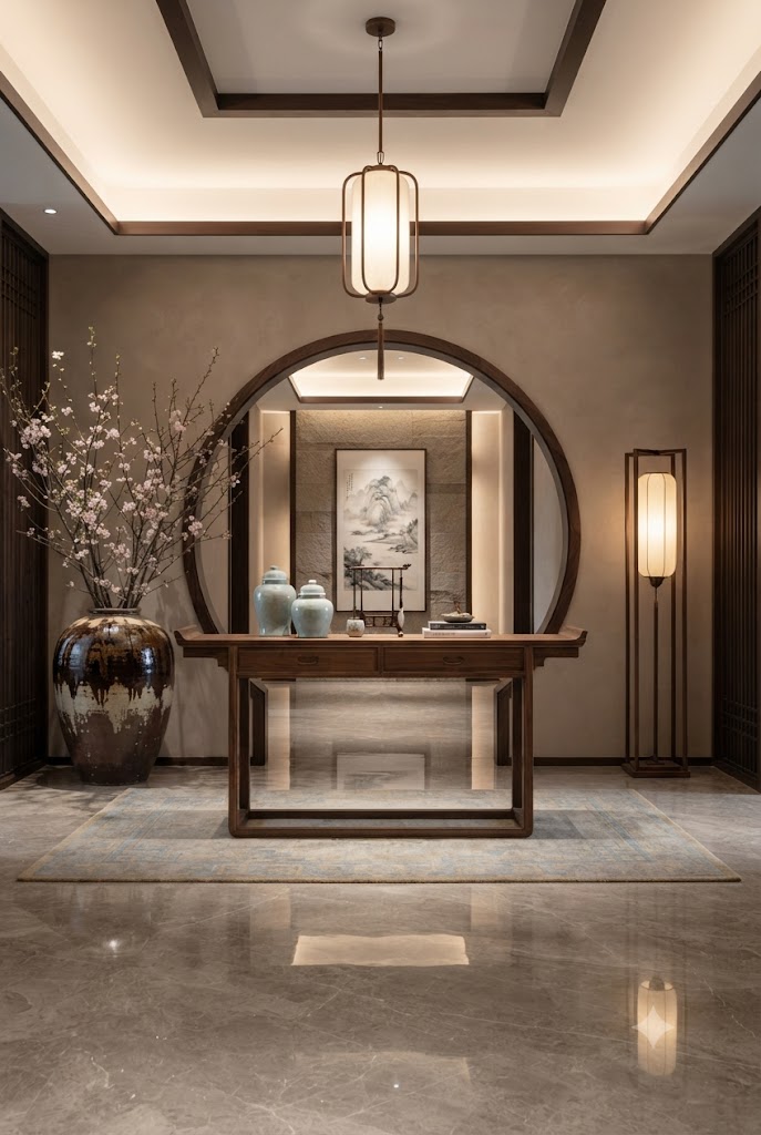 Chinese-inspired entryway with a dark wood console table, ceramic vases, and a round moon gate archway
