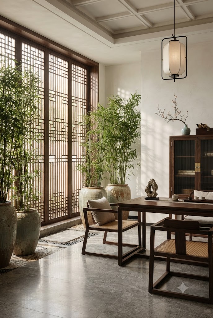 Modern Chinese Minimalism, dark wood, indoor plants