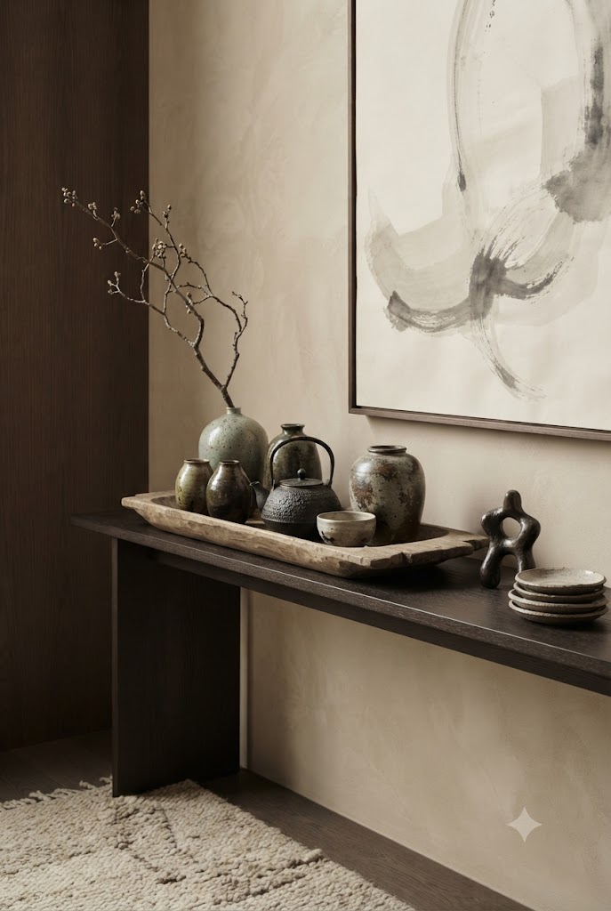 luxurious Asian-inspired console styled with handcrafted Japanese and Chinese-inspired ceramics, organic stoneware vessels, a carved wooden tray, a small sculptural object, and delicate dried branches.