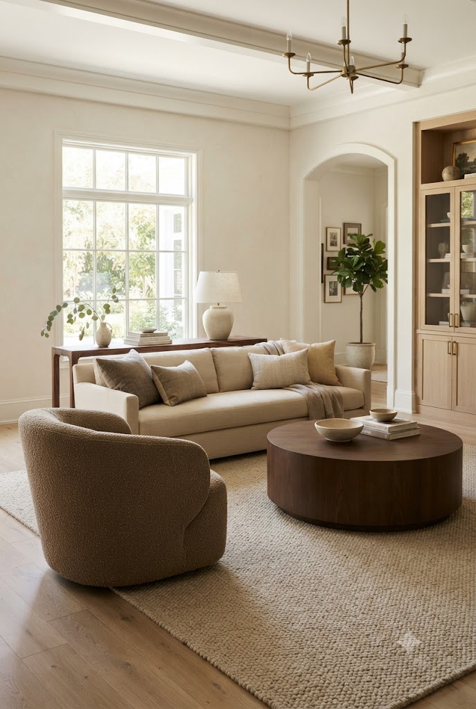 Living room with a beige sofa floated off the wall, a console table behind it, and a round wooden coffee table