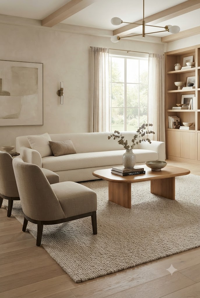 Beige sofa and armchairs with front legs on a large textured rug around a wooden coffee table