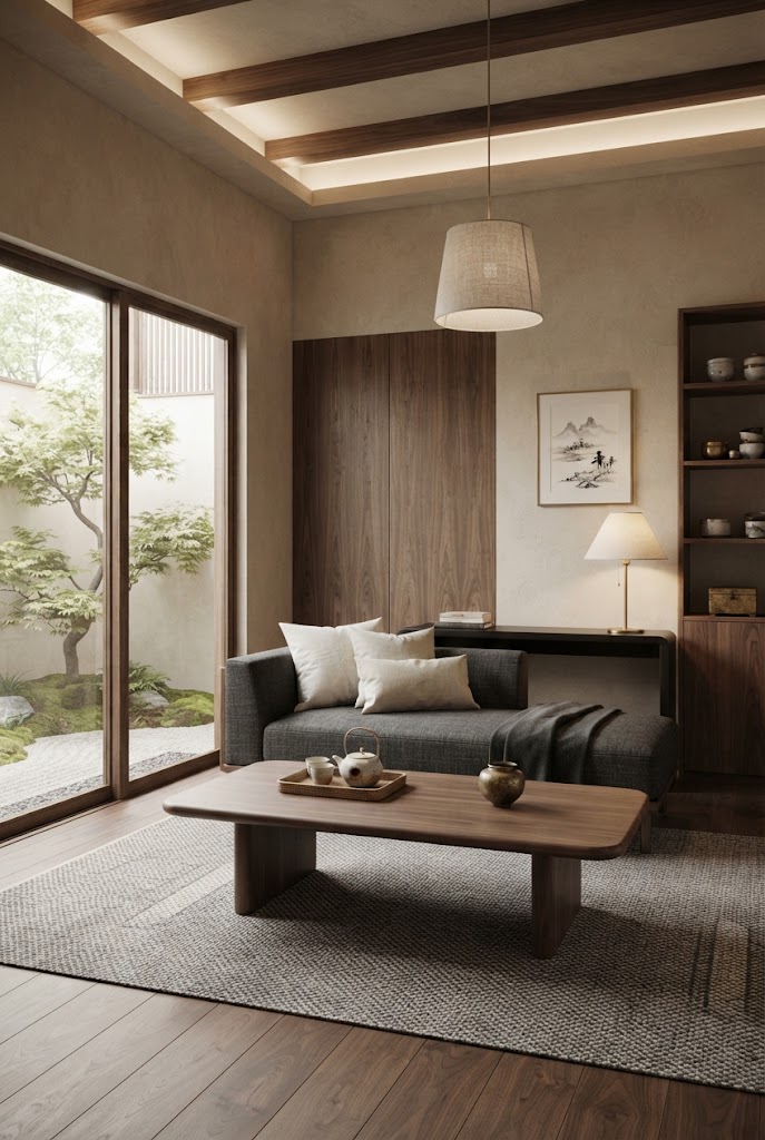 Metallic Accents and warm beige, ivory, walnut, and charcoal color palette luxury Asian interiors