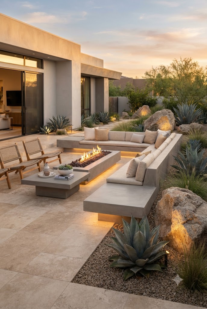 Sophisticated minimalist outdoor lounge in a desert-modern garden