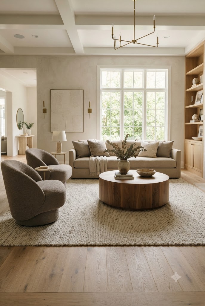 Modern living room with a low-profile beige sofa, rounded armchairs, and a round wooden coffee table on a textured rug