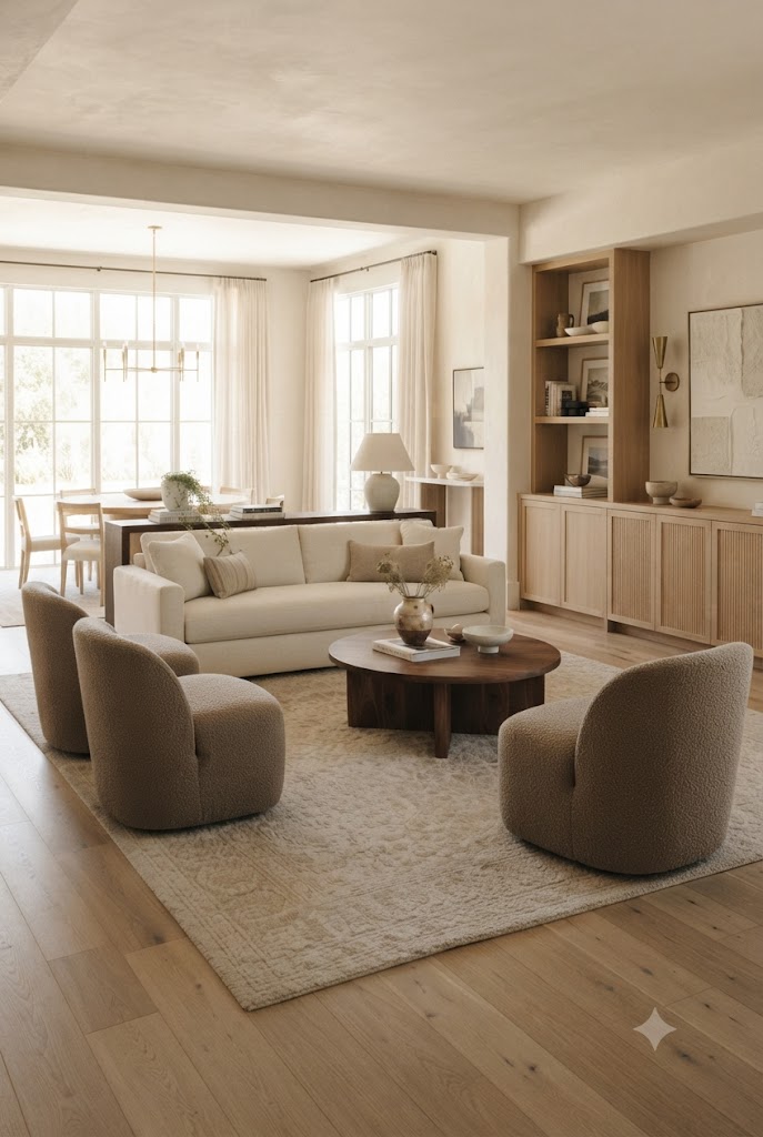 Open-Concept sofa as a visual divider between living and dining areas.
