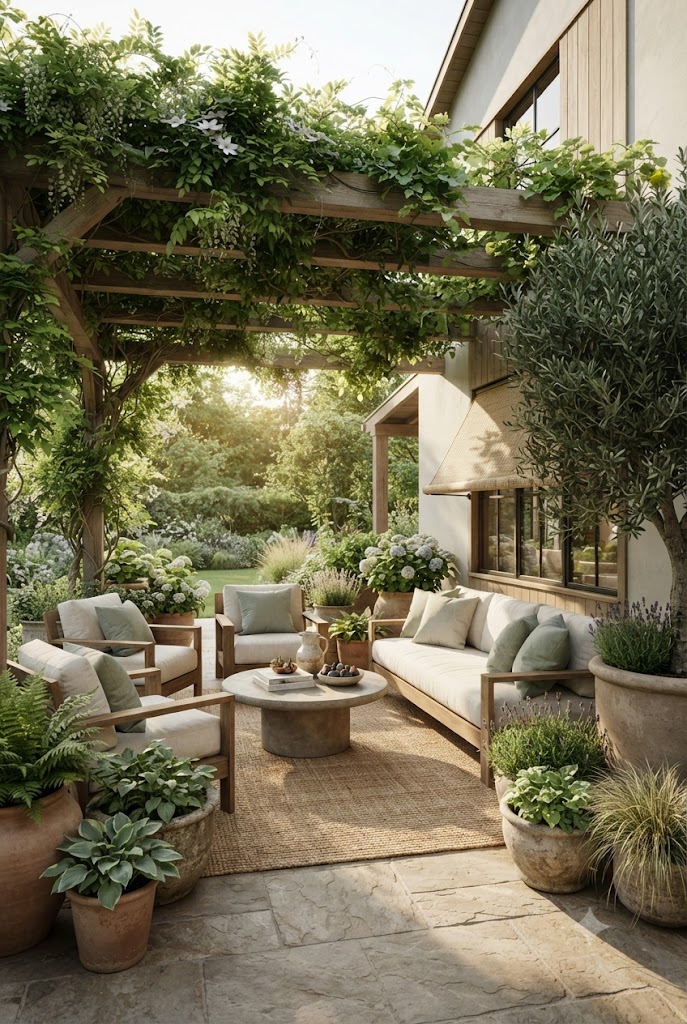 patio seating with pergola, outdoor shade for summer