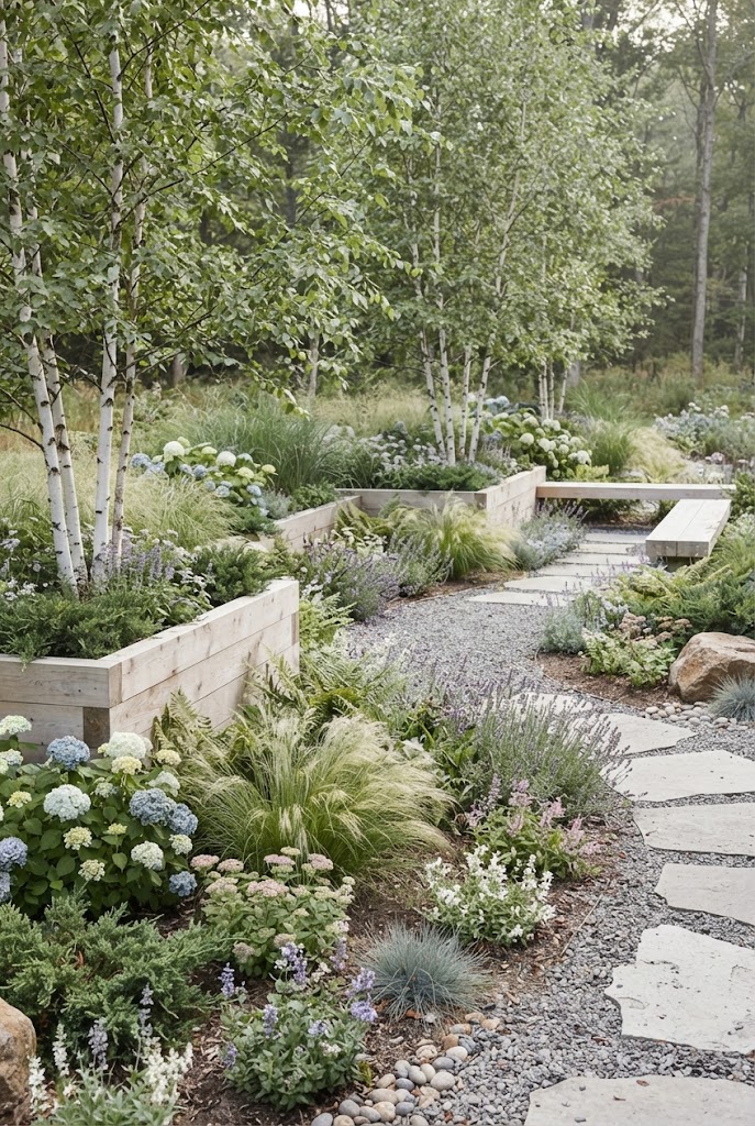 Natural Scandinavian planting with birch trees, ornamental grasses, hydrangeas, a wooden bench, and a gravel path