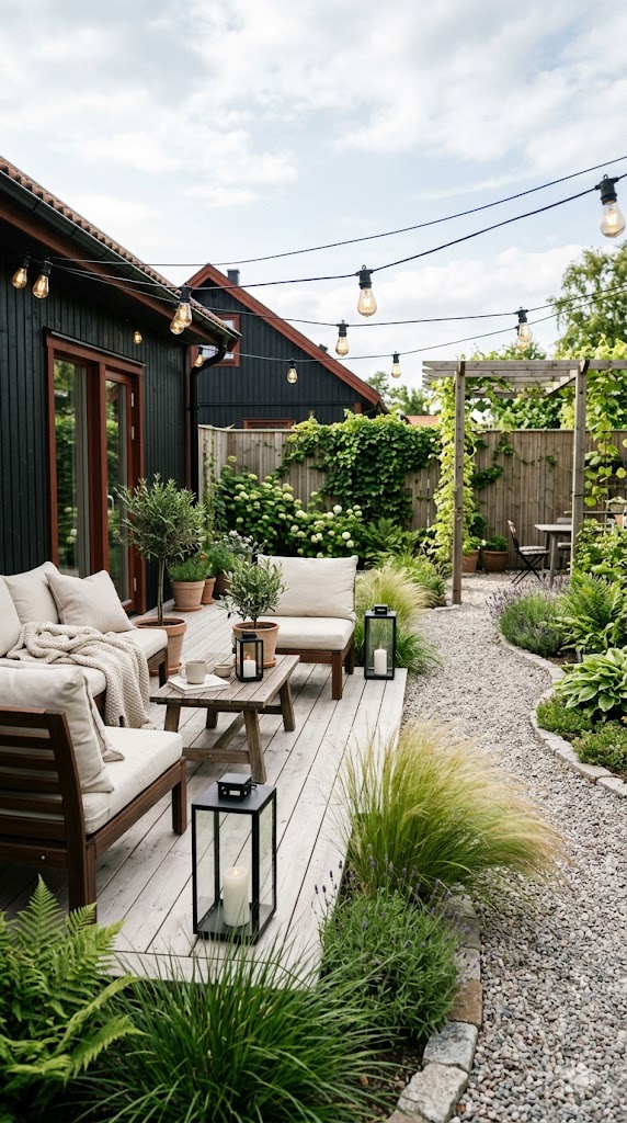 Scandinavian style Garden Hygge seating Area with outdoor lighting 