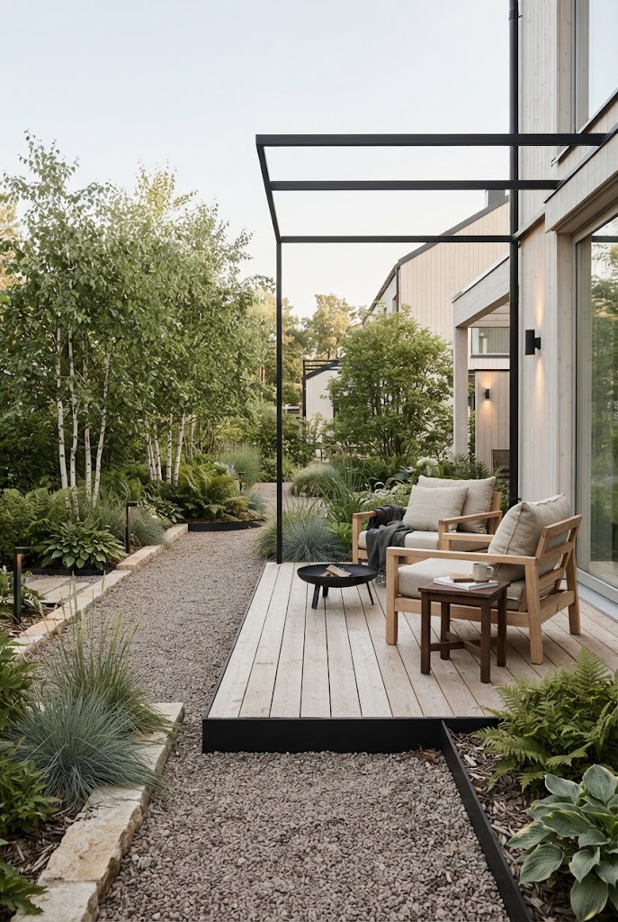 Scandinavian garden with a wooden deck, lounge chairs, a fire bowl, birch trees, and a gravel path