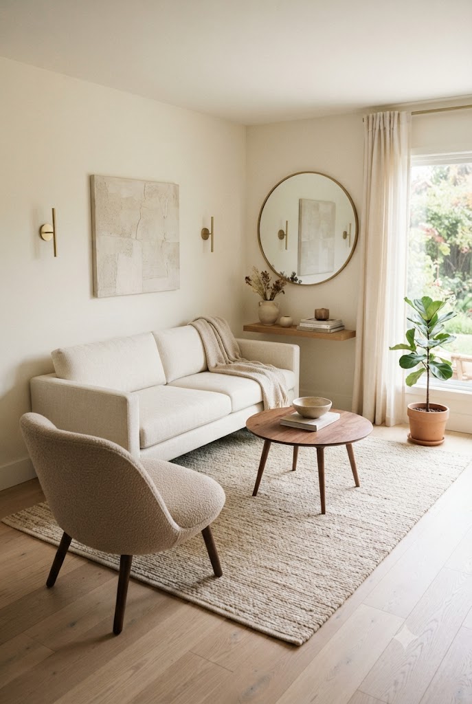 Bright small living room with a low white sofa under large windows, a round wooden side table, and a boucle armchair