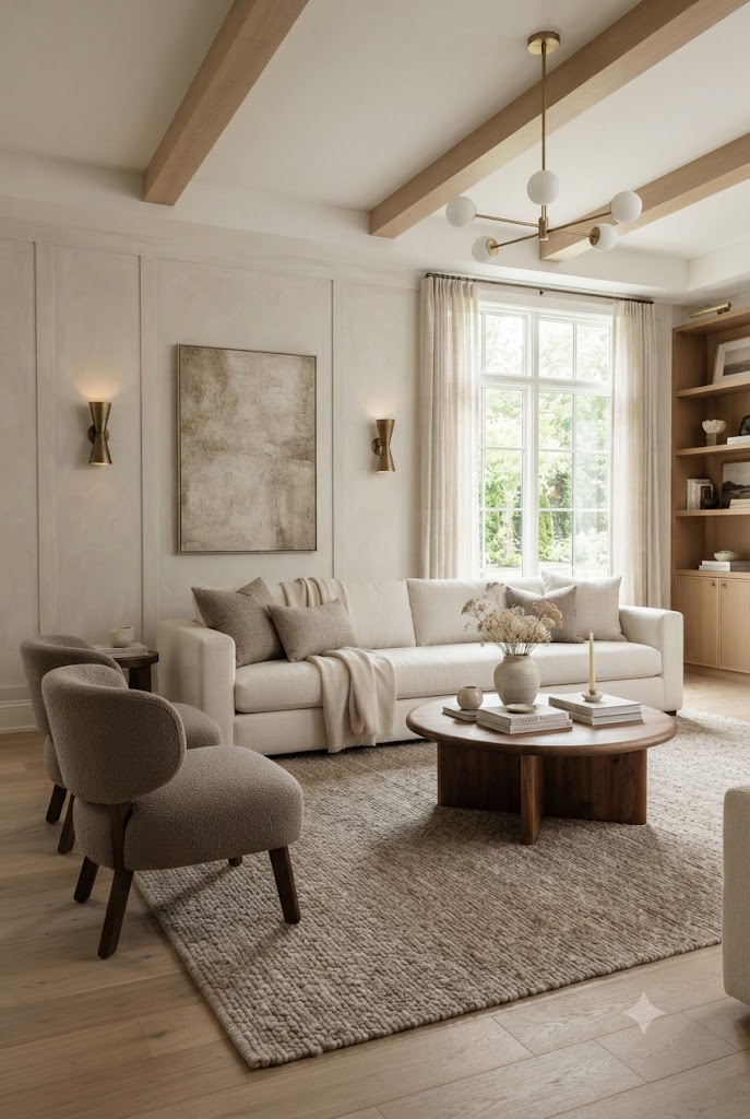 Neutral living room with a well-proportioned cream sofa, gray armchairs, and a round wooden coffee table