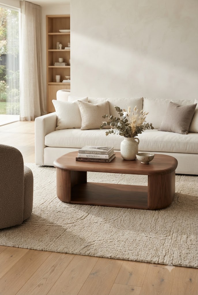 Cream sofa with a wooden coffee table holding books and a vase of dried flowers on a textured rug