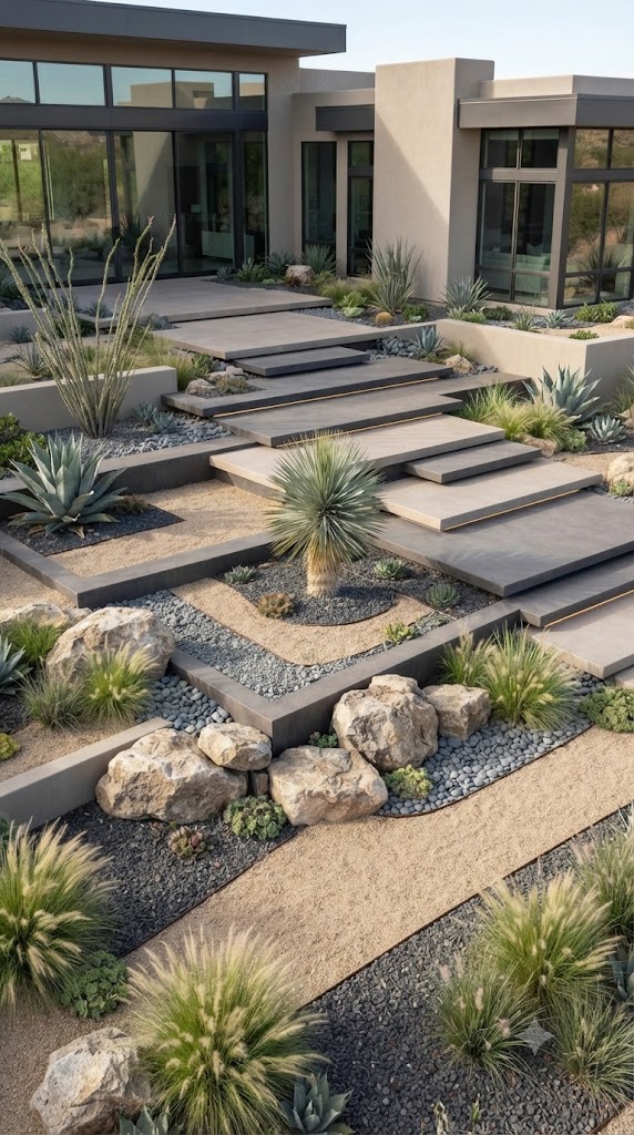 High-end xeriscape landscape with geometric concrete