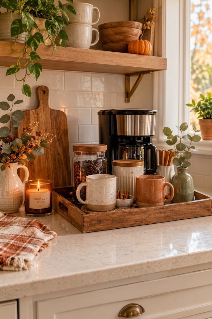 Cozy fall coffee station with a wooden tray, ceramic mugs, coffee beans, cinnamon sticks, and eucalyptus.