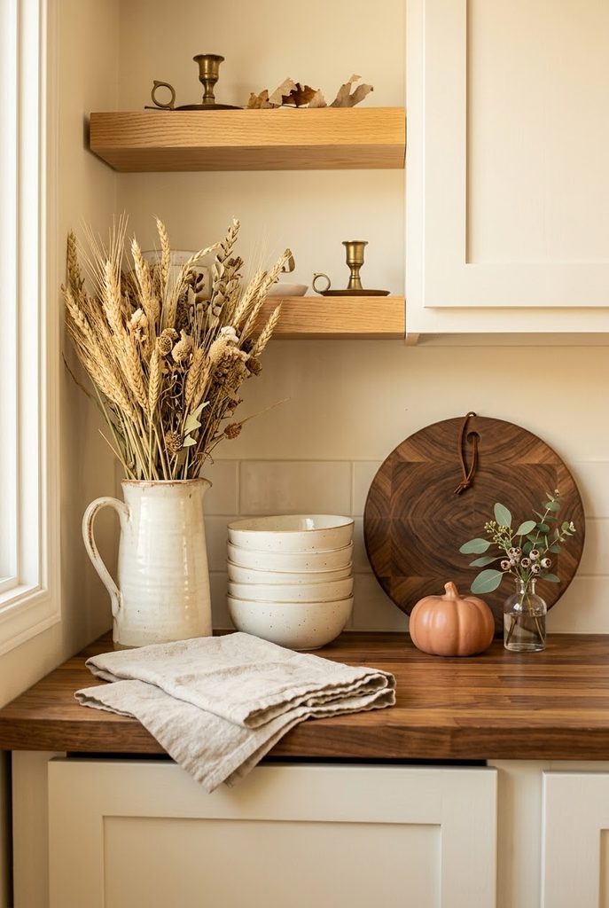 Budget-friendly fall kitchen shelf styling with ivory ceramics, wooden cutting boards, mini pumpkins, and dried wheat.