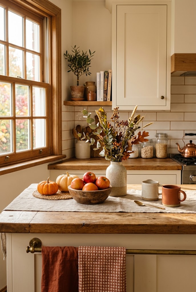 Warm fall kitchen styling with terracotta tea towels, wooden accents, apples, pumpkins, and cozy natural light.