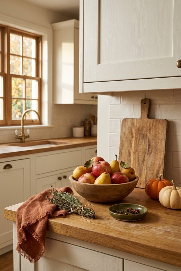 Budget-friendly fall kitchen décor featuring fresh apples, pears, mini pumpkins, dried herbs, and a wooden cutting board.