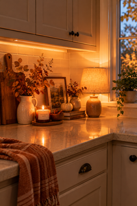 Warm kitchen counter at dusk with a glowing lamp, a lit cinnamon candle, autumn leaves in a pitcher and a white pumpkin.